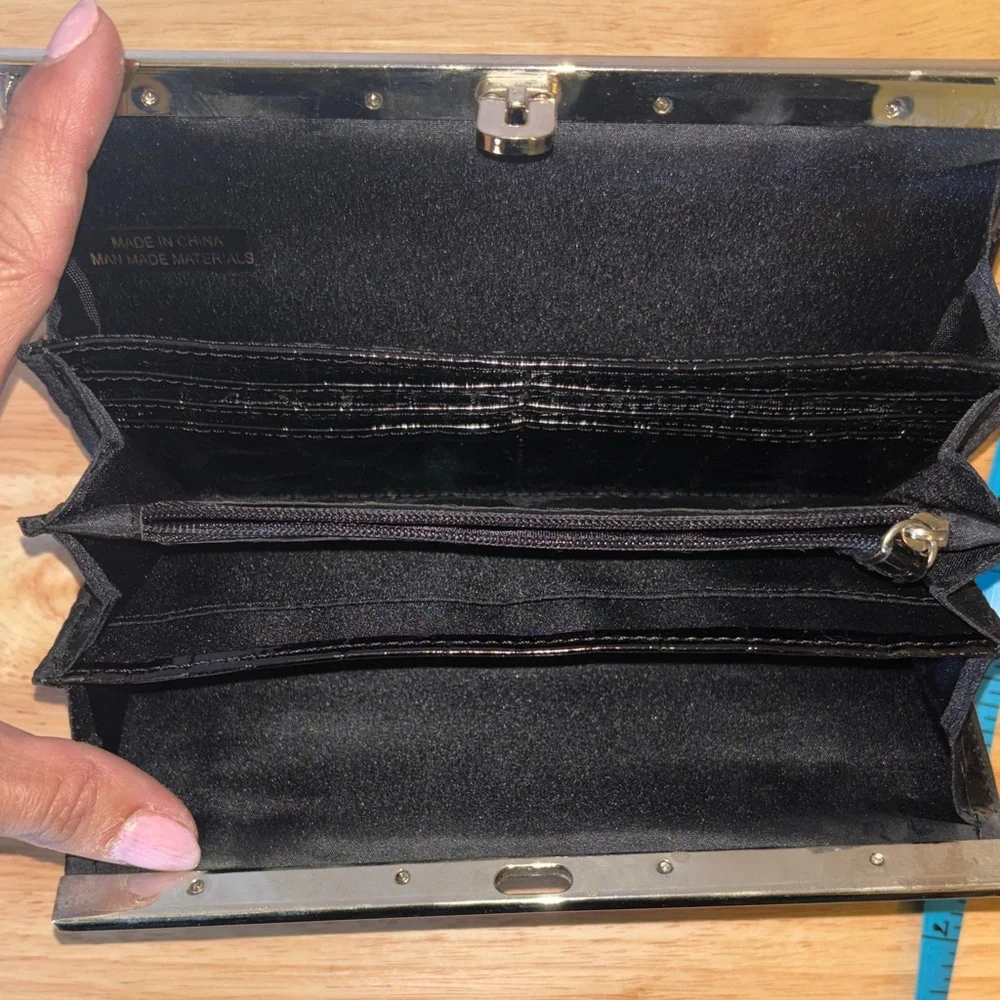 Woman’s Vintage Black Croc Clutch Wallet with Silver Frame